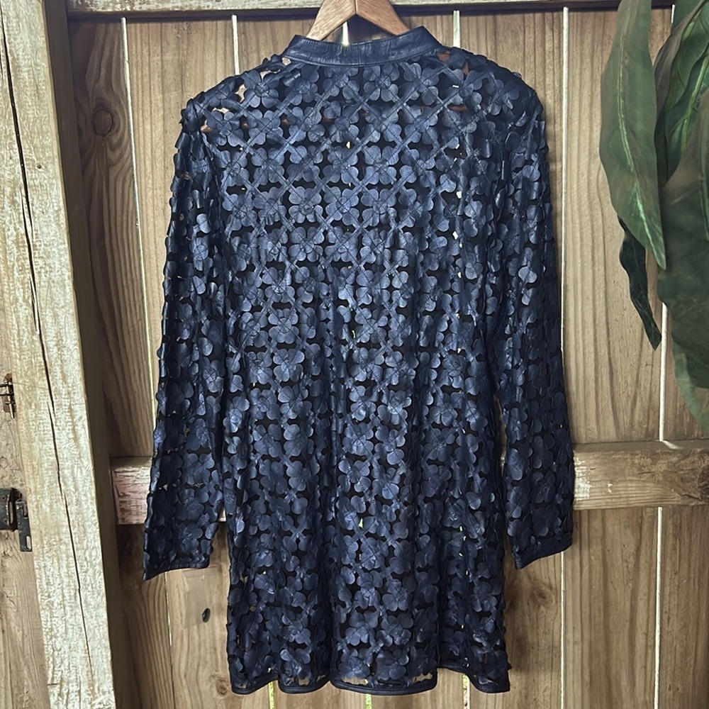 Dakota West Leather Mesh Women’s 3D Daisy Duster Jacket Size L Navy Blue - Picture 3 of 9